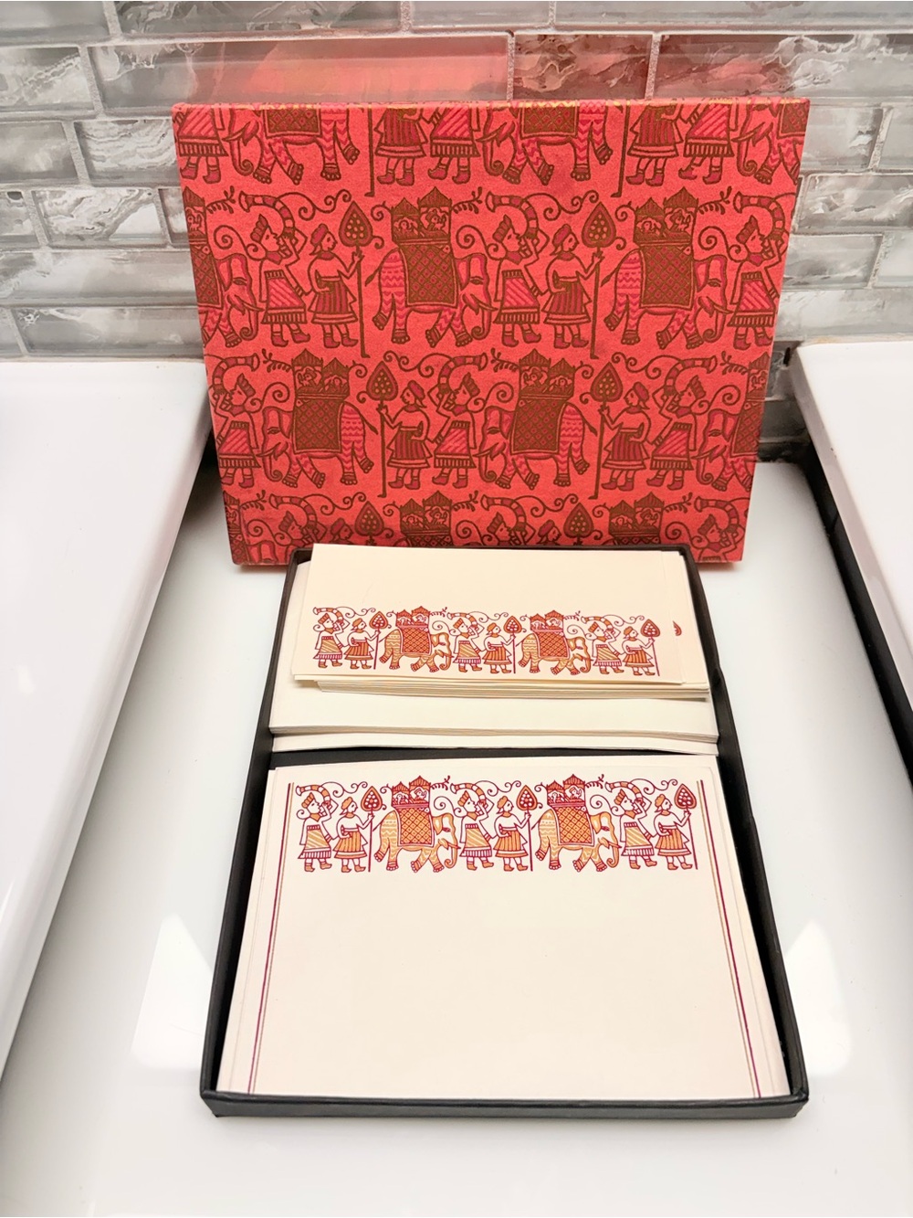 Luxury Indian Stationery Box Set Ivory Note Cards Envelopes Royal Elephant Red